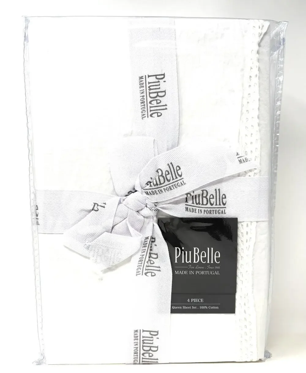 PiuBelle White Queen Sheet Set 100% Cotton Crochet Border Trim NWT Portugal